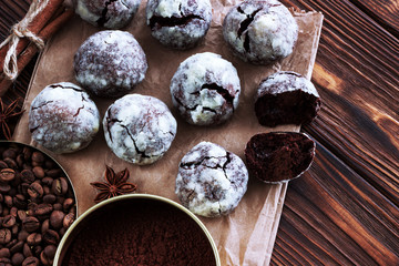 Chocolate cookies on wooden table.
