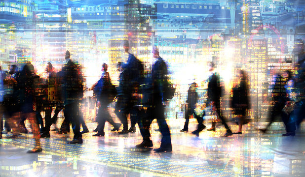 Lots of walking business people. Multiple exposure image. Business concept illustration. London
