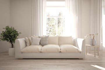 White modern room with sofa. Scandinavian interior design. 3D illustration
