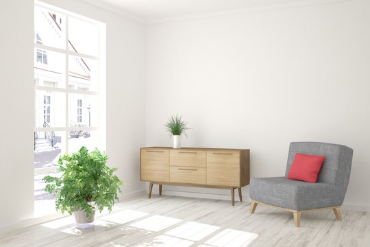 White room with armchair and urban  landscape in window. Scandinavian interior design. 3D illustration