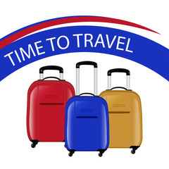Concept time to travel. Three modern suitcases on wheels. Red, blue and yellow. Vector