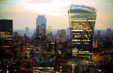 City of London at night. Multiple exposure image includes Walkie-Talkie building, City of London financial aria at sunset © IRStone