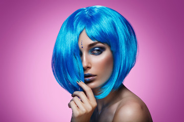 Beautiful girl in blue wig