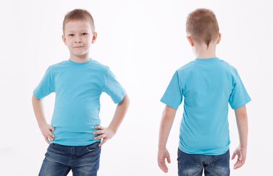 Shirt Design And People Concept - Close Up Of Young Man In Blank Blue Tshirt Front And Rear Isolated. Mock Up Template For Design Print