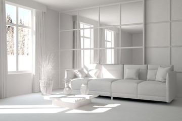 Fototapeta na wymiar White room with sofa and winter landscape in window. Scandinavian interior design. 3D illustration
