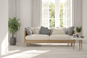 White room with sofa and green landscape in window. Scandinavian interior design. 3D illustration