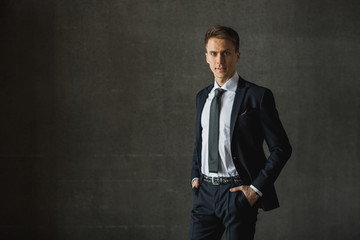 Naklejka premium Handsome businessman in formal suit on gray background