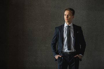 Handsome businessman in formal suit on gray background