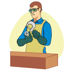 Illustration of an operator using a precision tool the micrometer to inspect a part at work. Ideal for catalogs, information and institutional material