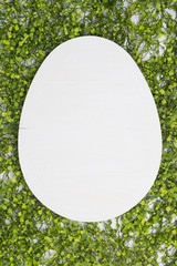 Top view of a white egg shape board on green grass background. 