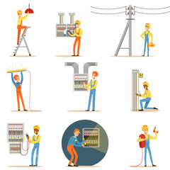 Electrician In Uniform And Hard Hat Working With Electric Cables And Wires, Fixing Electricity Problems Indoors And Outdoors Set Of Illustrations