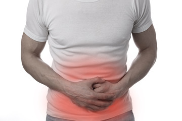 Man with stomach pain. Digestive system, Urinary Tract Infection problems.