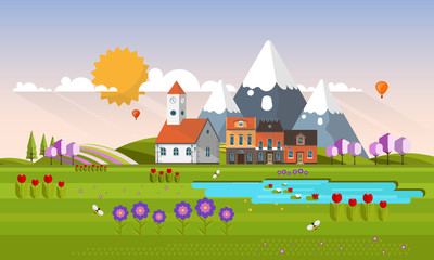 Beautiful Vector Spring Landscape in Flat Design Style