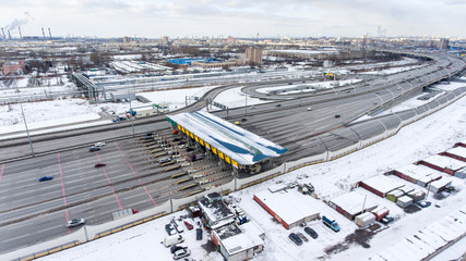 Intersections and exits of Western High-Speed Diameter are in Kubinskaya street. St. Petersburg, Russia. Aerial view from drone