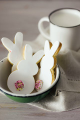 Rabbit shaped Easter cookies, hand-made. Decorated with fondant icing.