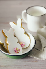 Rabbit shaped Easter cookies, hand-made. Decorated with fondant icing.