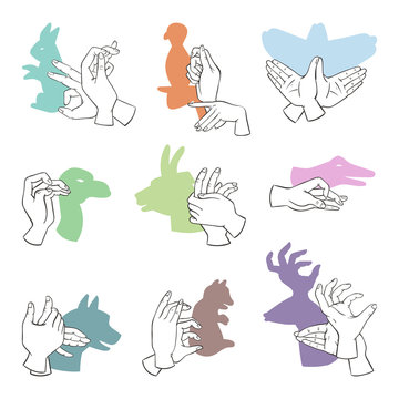 Hands Gesture Like Different Animals Imagination Theatrical Symbol And People Finger Figures Puppet Copy Leisure Shadow Silhouette Vector Illustration.