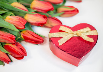 Red tulips with heart gift isolated on white background