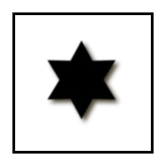 six-pointed star fuzzy, black color, shadow. Star Of David. black frame, square. abstract symbol. white background. vector illustration.