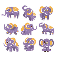 Stylized Elephant With Polka-Dotted Pattern Series Of Childish Stickers Or Prints Of Friendly Toy Animal In Violet And Yellow Color
