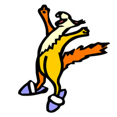 Happy cheerful squirrel in slippers pulls up in the morning.A funny cartoon character with a big red tail does exercises