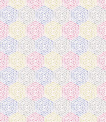 Geometric repeating vector colored ornament with hexagonal dotted elements. Geometric modern ornament. Seamless abstract modern pattern