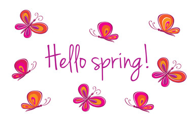 Hello spring. Greeting card with butterflies. Congratulation. Elements for your design. Vector.