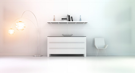 Modern white orange interior with chest of drawers and shelve 3D rendering