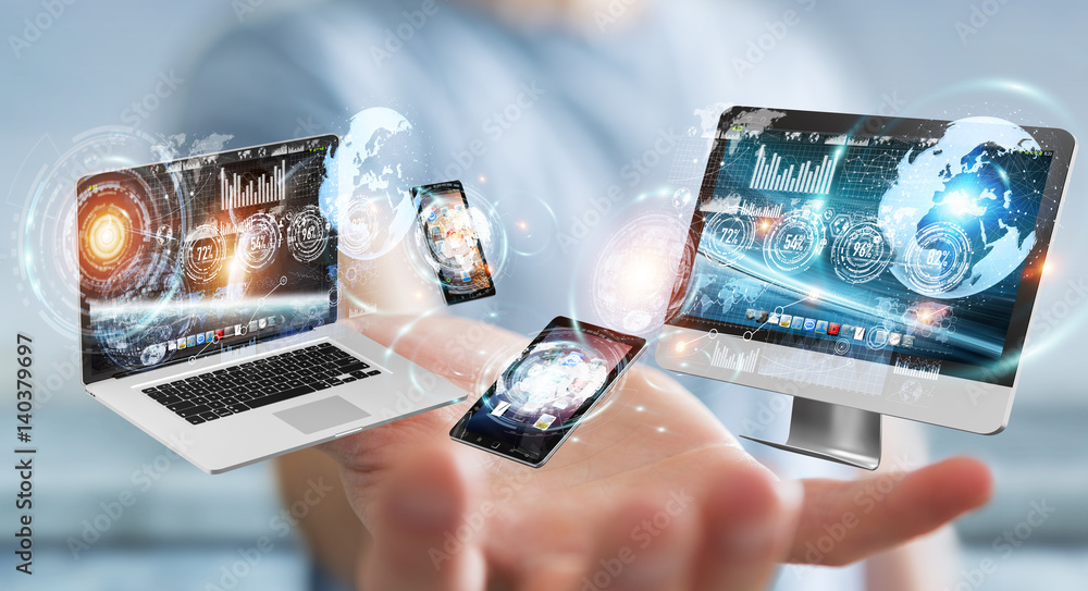 Poster businessman connecting tech devices to each other 3d rendering