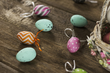 Fototapeta na wymiar Easter theme. handmade Eggs background, place for typography, top view