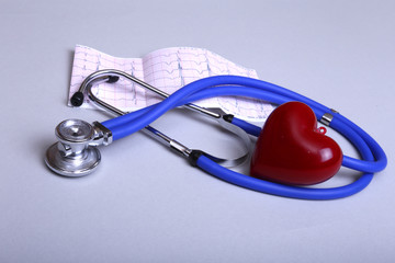 RX prescription, Red heart and a stethoscope on white background