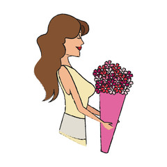 woman with flowers bouquet cartoon icon over white background. colorful design. vector illustration