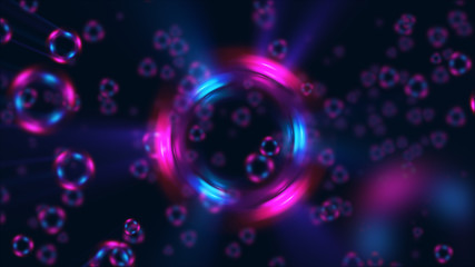 Abstract neon background. Shine swirling. Glowing spiral cover. .Bubbles elegant. Halo around. Power sparks data particle..Space tunnel. Glossy jellyfish. LED color ellipse. Glint glitter beam tech