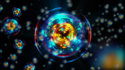 Abstract neon background. Shine swirling. Glowing spiral cover. .Bubbles elegant. Halo around. Power sparks data particle..Space tunnel. Glossy jellyfish. LED color ellipse. Glint glitter beam tech