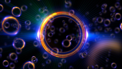 Abstract neon background. Shine swirling. Glowing spiral cover. .Bubbles elegant. Halo around. Power sparks data particle..Space tunnel. Glossy jellyfish. LED color ellipse. Glint glitter beam tech
