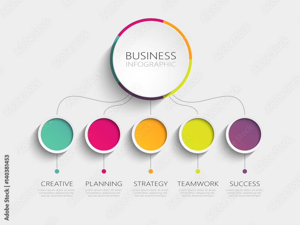 Fototapete modern 3d infographic template with 5 steps for success. business circle template with options for b