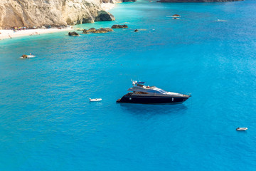 Boat in the Porto Katsiki beach in Lefkada, Greece