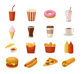 Set fast food icon. Cup cola, hamburger, pizza, burrito