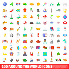 100 around the world icons set, cartoon style