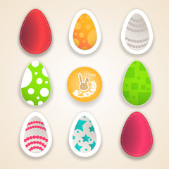 Vector collection of Easter eggs different colors and pattern cut from paper on the gradient background and shadows.