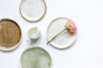 ceramic tableware top view on white background mock up