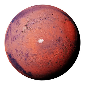 Mars with the Red Planet's south polar ice cap, isolated on white background (3d render)