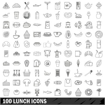 100 lunch icons set, outline style
