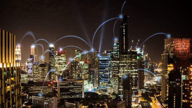 Connected City Concept: A Wireless Business Network Connecting Offices In The Business Skyscrapers Of Singapore