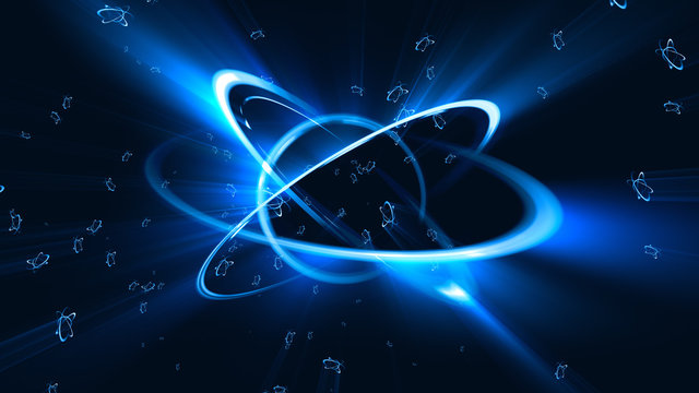 3D Atom icon. Luminous nuclear model on dark background. Glowing bots structure.  Physics electrons concept. Dust power core. Ray ring light ball. Micro model proton.