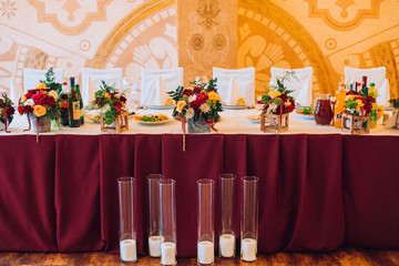Table setting with food and drink. Restaurant interior
