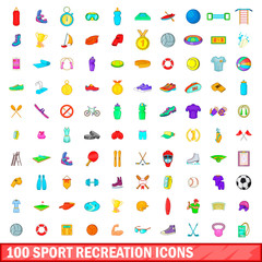 100 sport recreation icons set, cartoon style