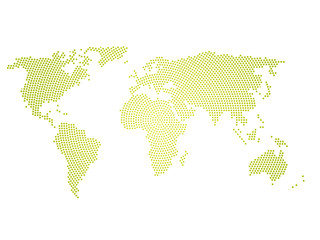 Green halftone world map of small dots in radial arrangement. Simple flat vector illustration on white background.