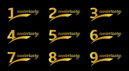 Isolated black color numbers with word anniversary icons set, greeting card elements collection vector illustrations.