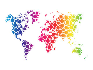 World map wallpaper mosaic of dots in rainbow spectrum colors on white background. Vector illustration.
